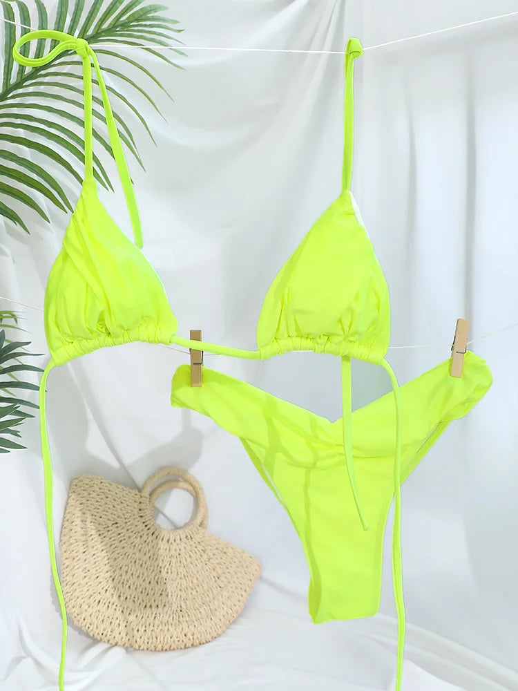 Pleated Brazilian Folds Bikini Set, Sexy Micro Bikinis, 2023 Women Swimsuit, Female Triangle Swimwear, Beach Wear Bathing Suit - 3KDyn